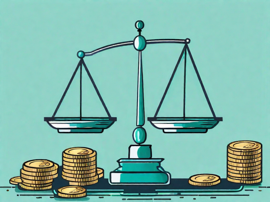 A balance scale with stacks of coins on one side and a single large coin on the other