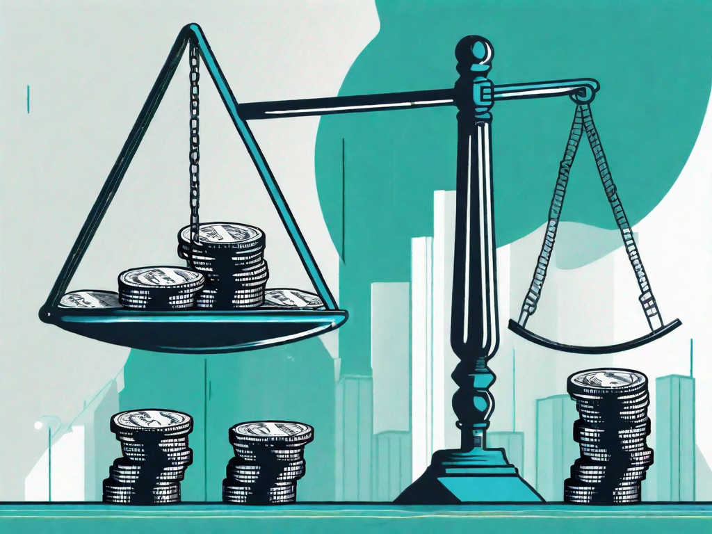 A balanced scale with stacks of coins on one side representing equity and a pile of bills on the other side representing debt