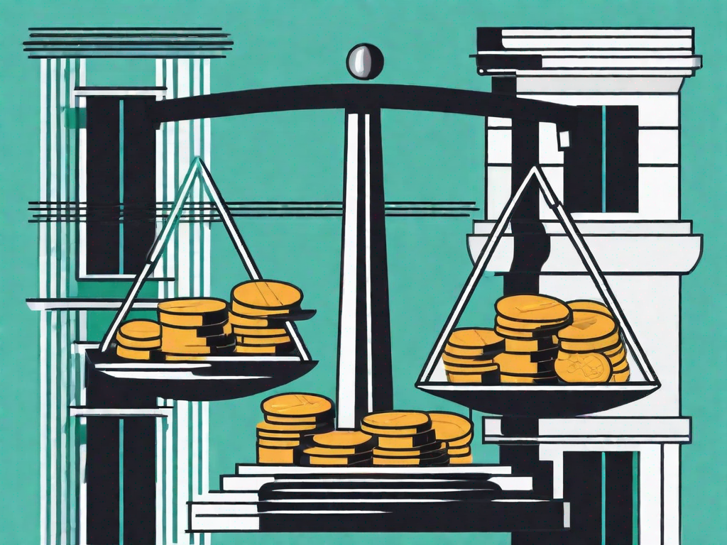 A balance scale with stacks of coins on one side and a business building on the other