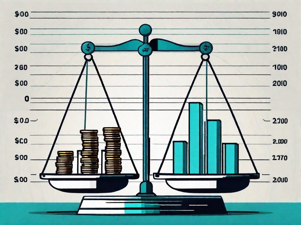 A scale balancing a stack of coins and a stock market graph