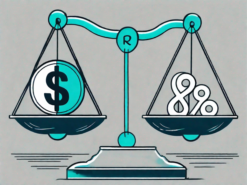 A balance scale with dollar signs on one side and percentage symbols on the other