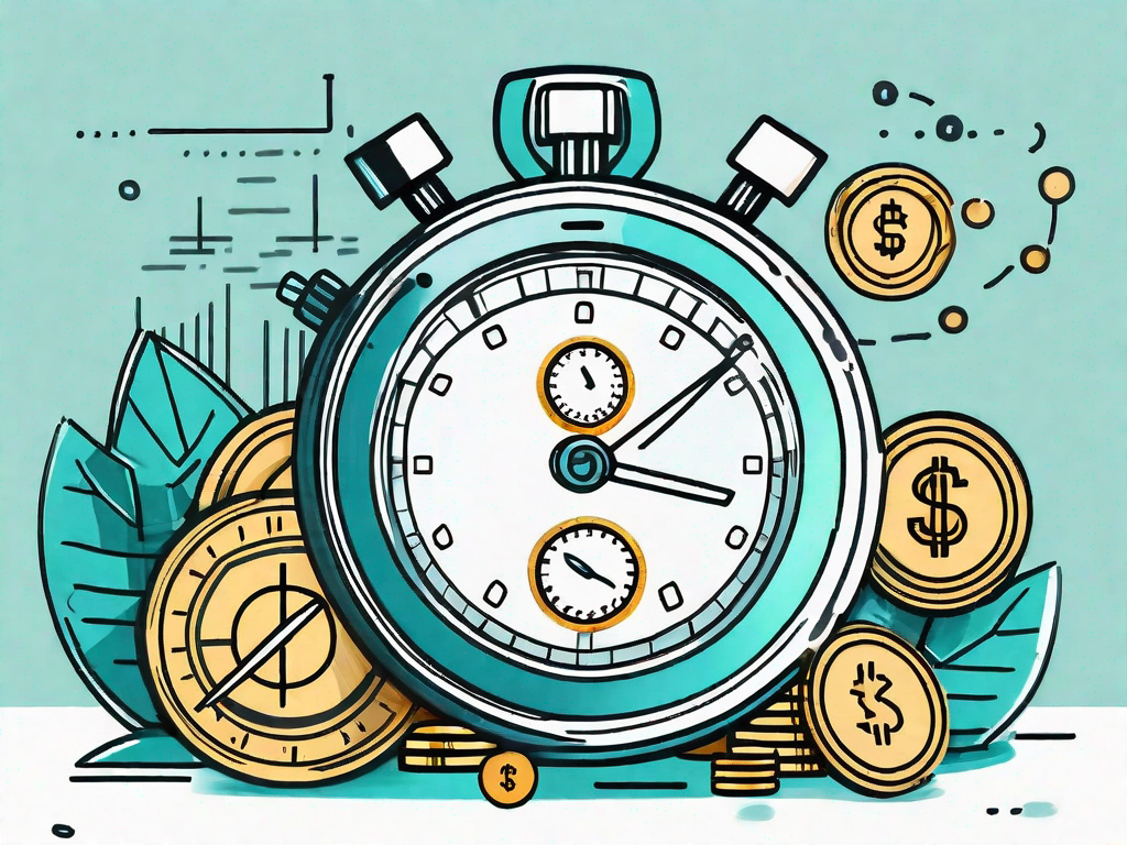 A stopwatch surrounded by various financial symbols such as currency