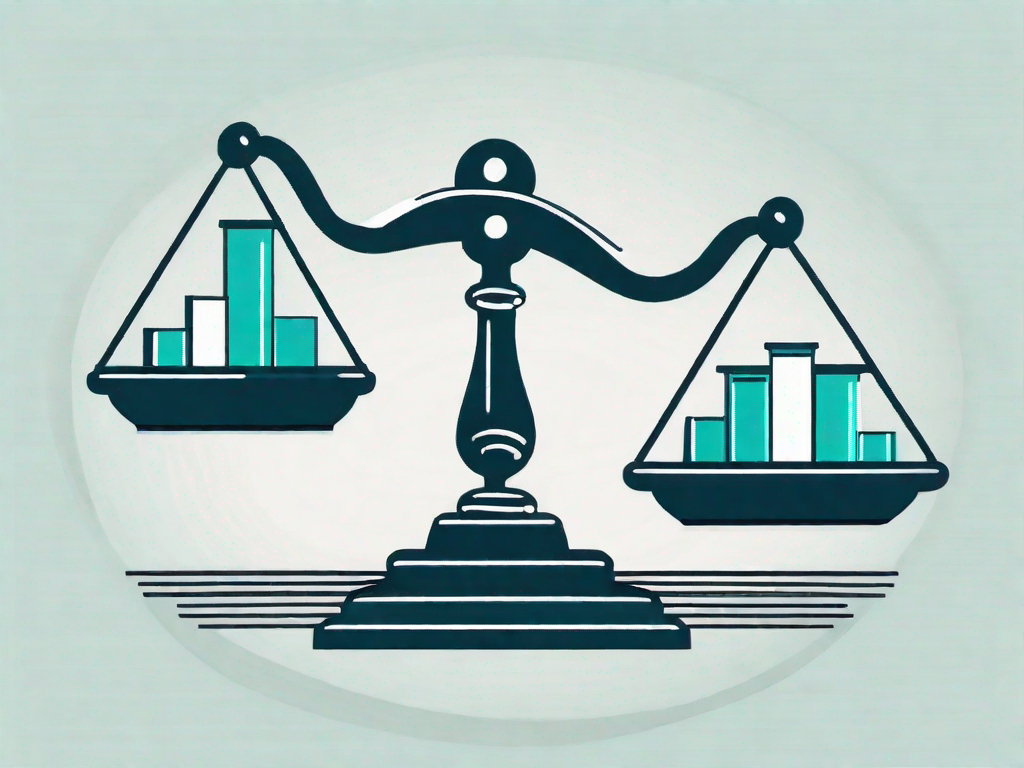 A balanced scale with a dollar sign on one side and a company building on the other