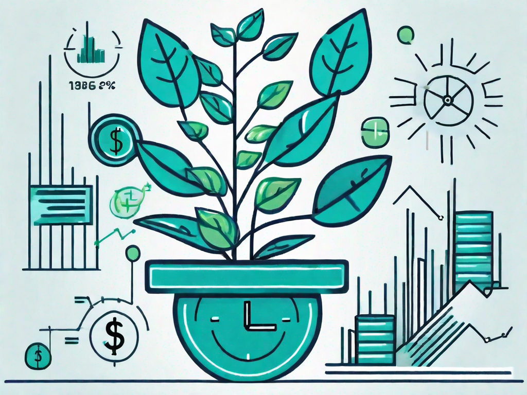 A growing plant with leaves shaped like various financial symbols such as dollar signs