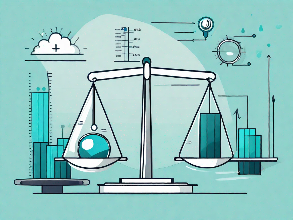 A balanced scale with different business-related icons such as charts