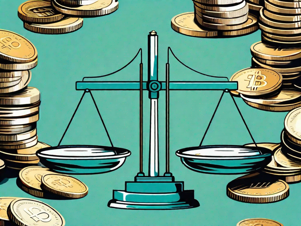 A balance scale with invoices on one side and stacks of coins on the other