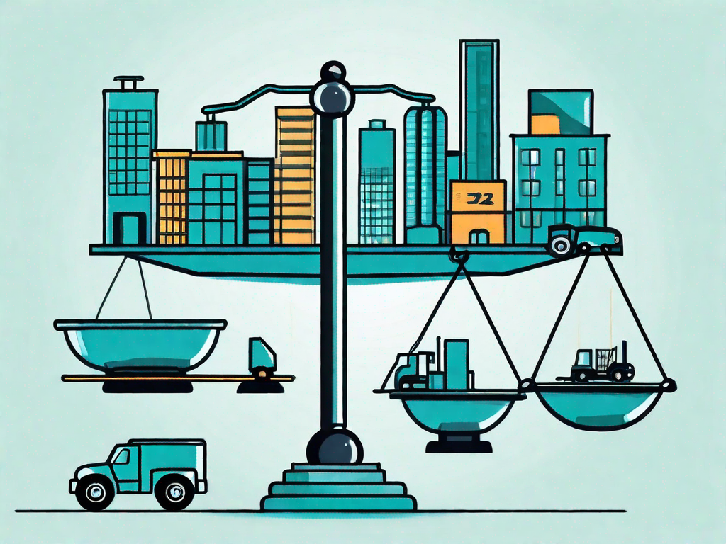 A balance scale with various business-related items such as buildings