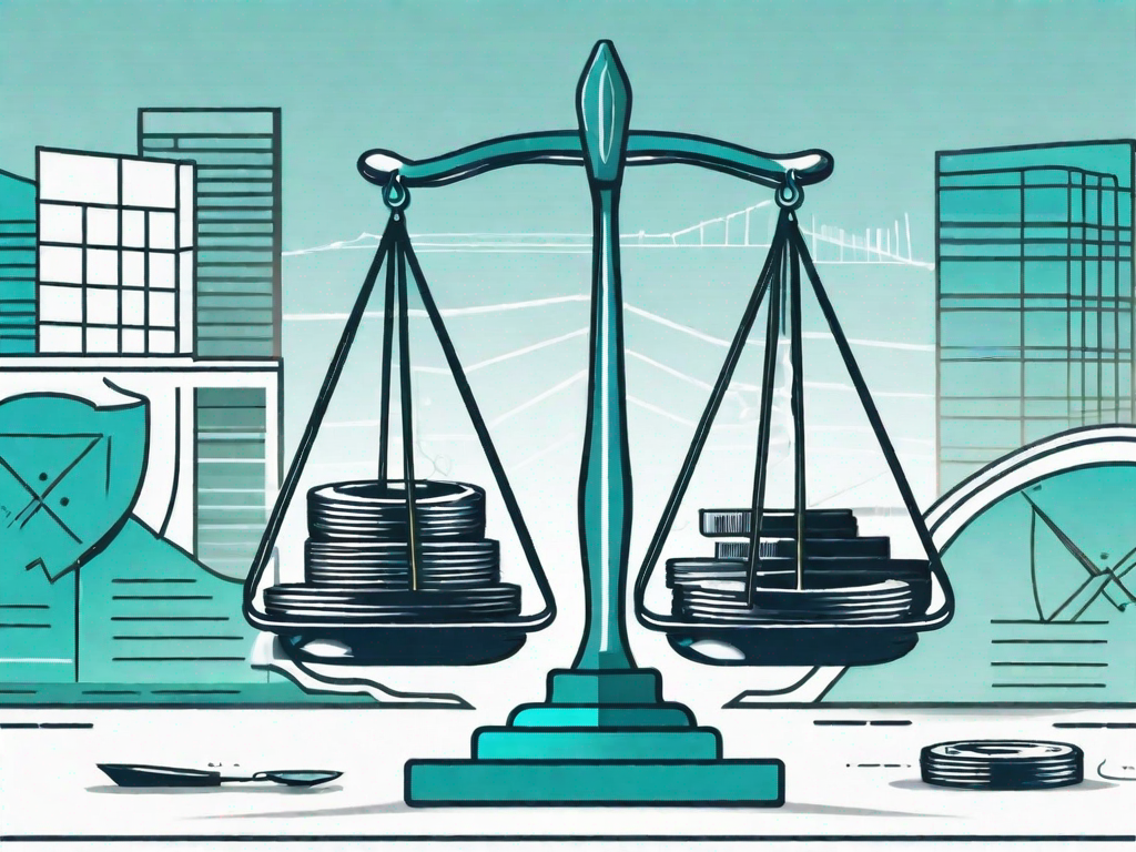 A pair of scales balancing various company building icons on one side and a stack of stock certificates on the other