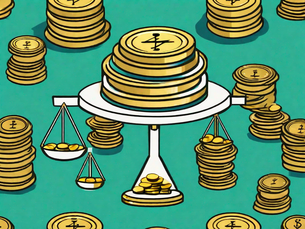 A balanced scale with one side representing total liabilities (perhaps symbolized by a stack of invoices) and the other side representing shareholder's equity (perhaps symbolized by a pile of gold coins)