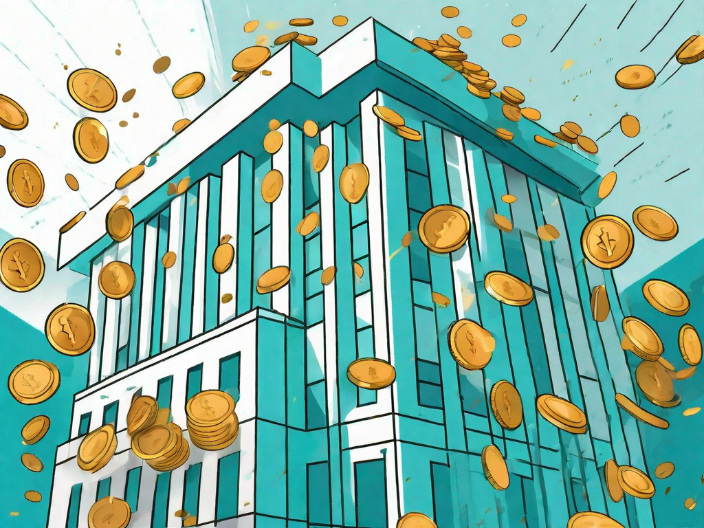 A corporate building with coins flowing out of it