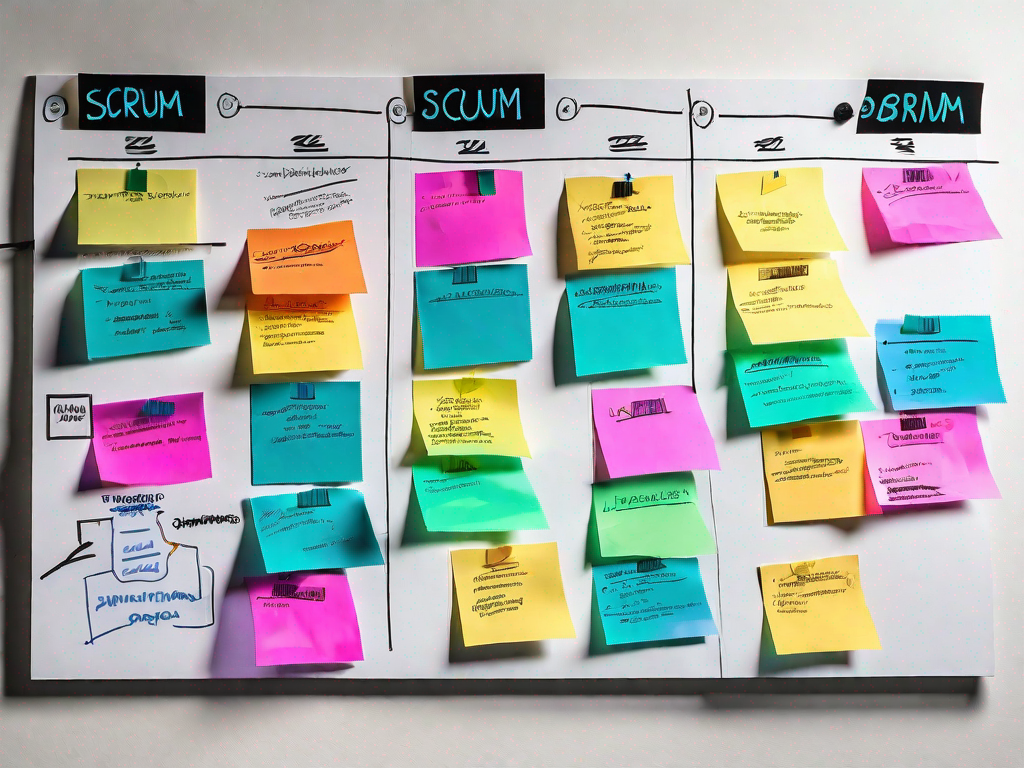 A scrum board with various color-coded sticky notes representing different stages of a project