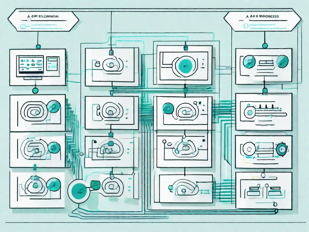 A stylized computer screen displaying a flowchart with various nodes