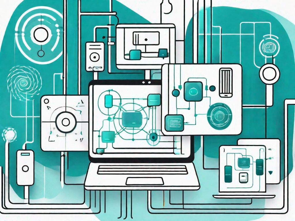 A network of interconnected digital devices with abstract symbols representing different user experiences and api interactions