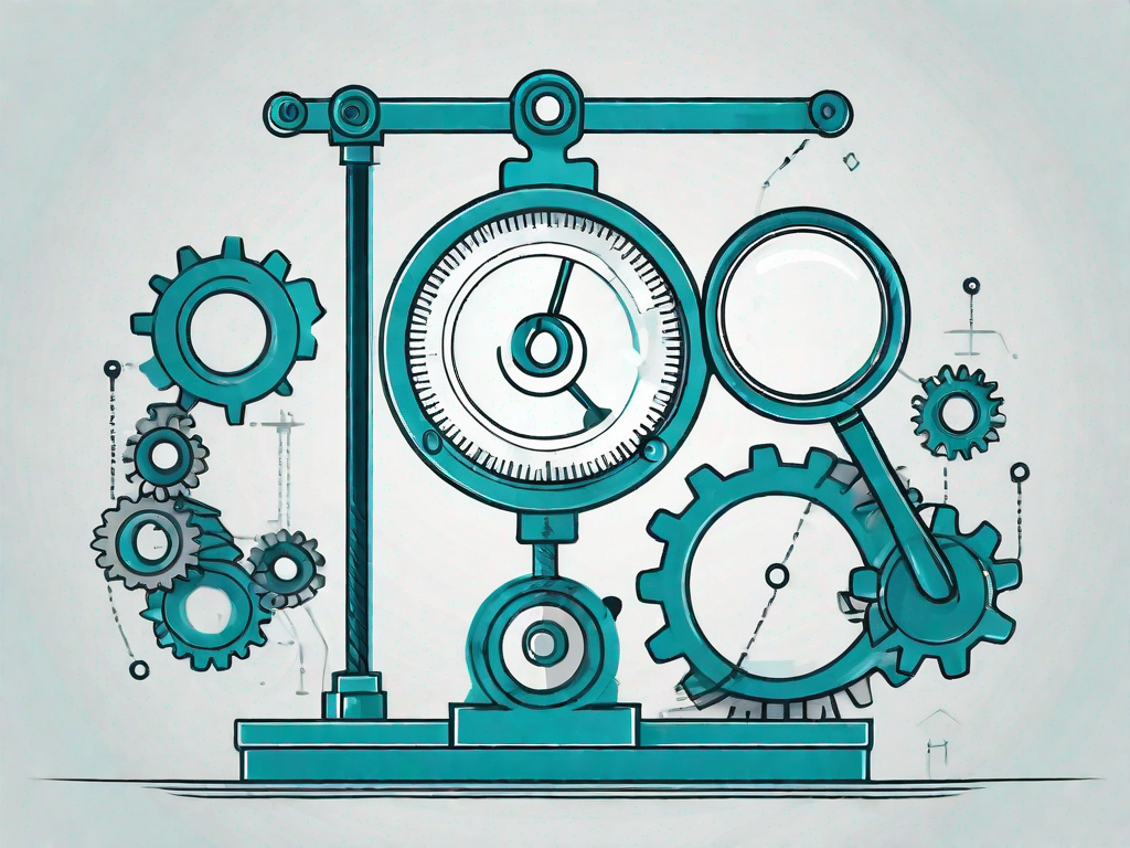 A balanced scale with one side containing industrial gears and the other side holding a magnifying glass