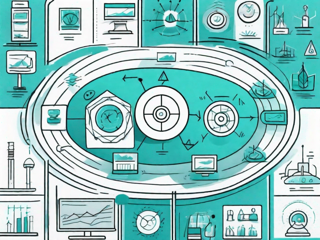 A storyboard with various symbols and icons representing different stages of product development