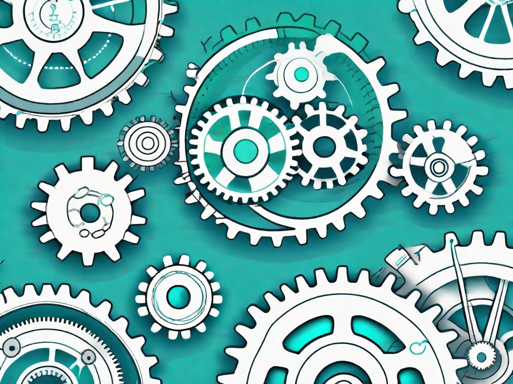 Various interconnected gears each labeled with different aspects of agile methodology such as "scrum"