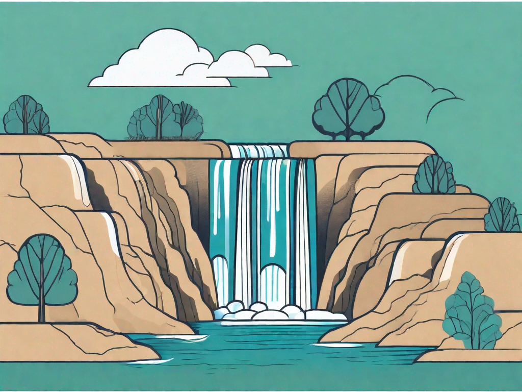 A waterfall with different stages labeled as steps of the waterfall model such as 'requirements'