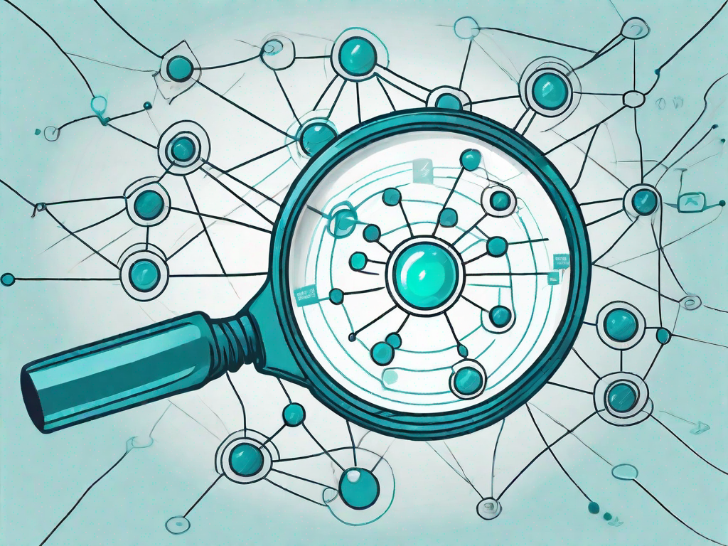 A magnifying glass focusing on a flowchart or web of interconnected nodes