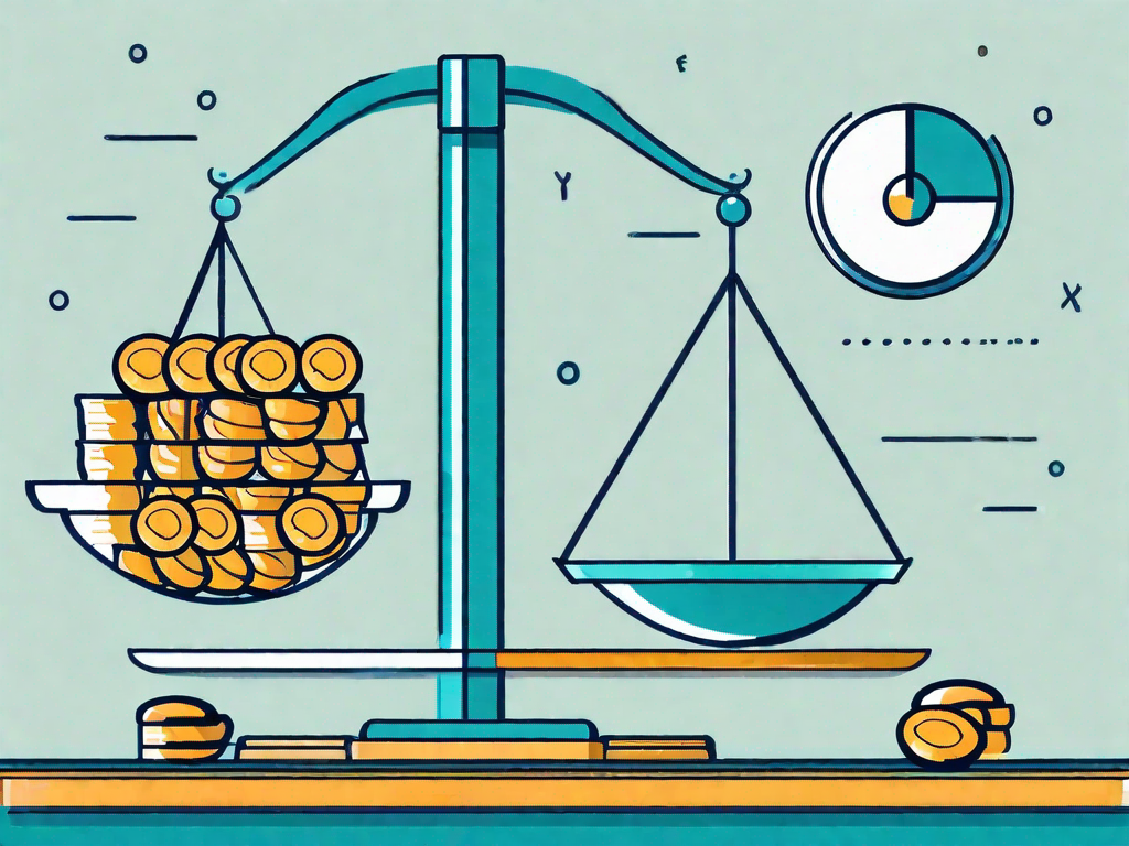 A balanced scale with a pile of coins on one side and a pie chart on the other