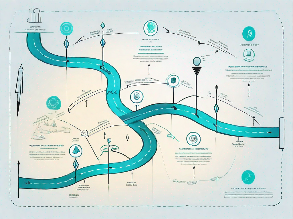 A roadmap with various symbols representing different stages of a customer journey