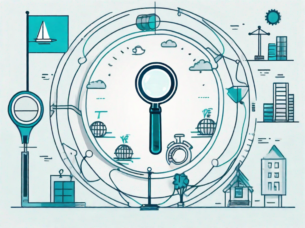 A path or journey with various stages represented by symbolic icons such as a magnifying glass for analysis