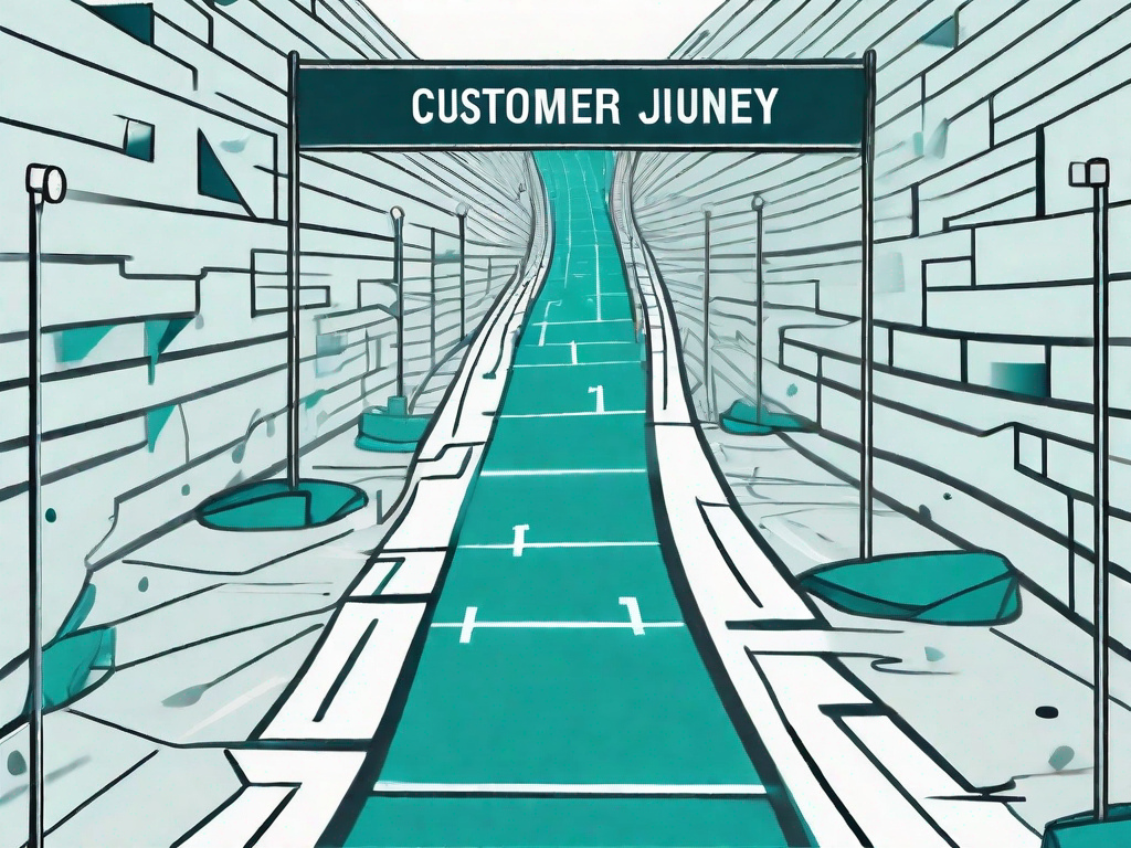 A pathway leading from a starting point labeled "customer journey" towards a finish line labeled "referrals"