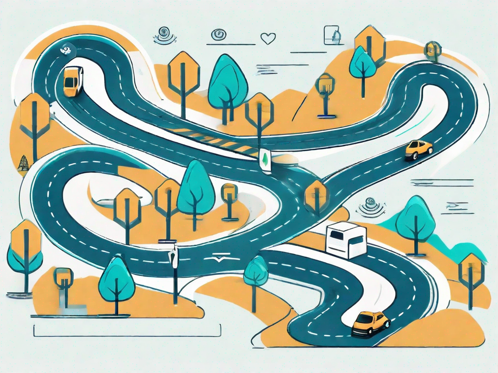 A winding road (representing the customer journey) with various tools and symbols (representing non-functional requirements) along the way