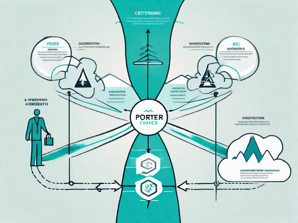 A symbolic customer journey path intertwined with elements of porter's five forces such as a barrier