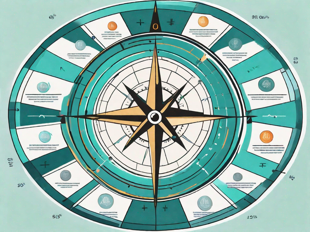 A navigational compass superimposed on a pie chart representing various financial ratios