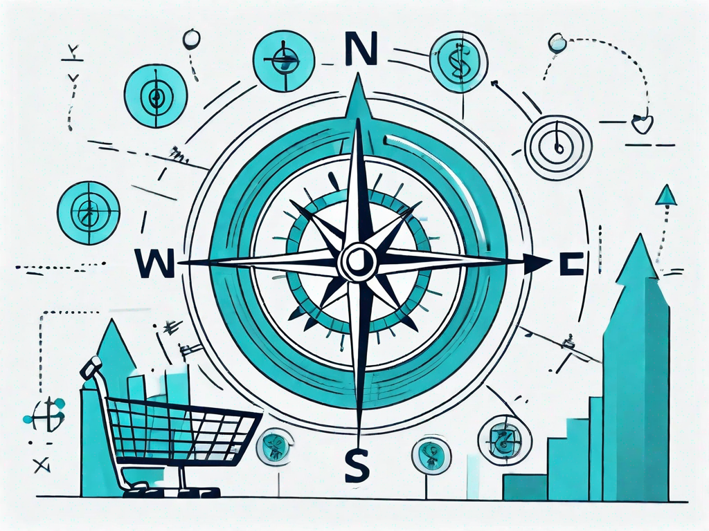 A navigational compass surrounded by different financial ratio symbols