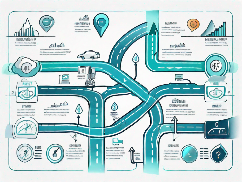 A road map with various financial ratio symbols as landmarks