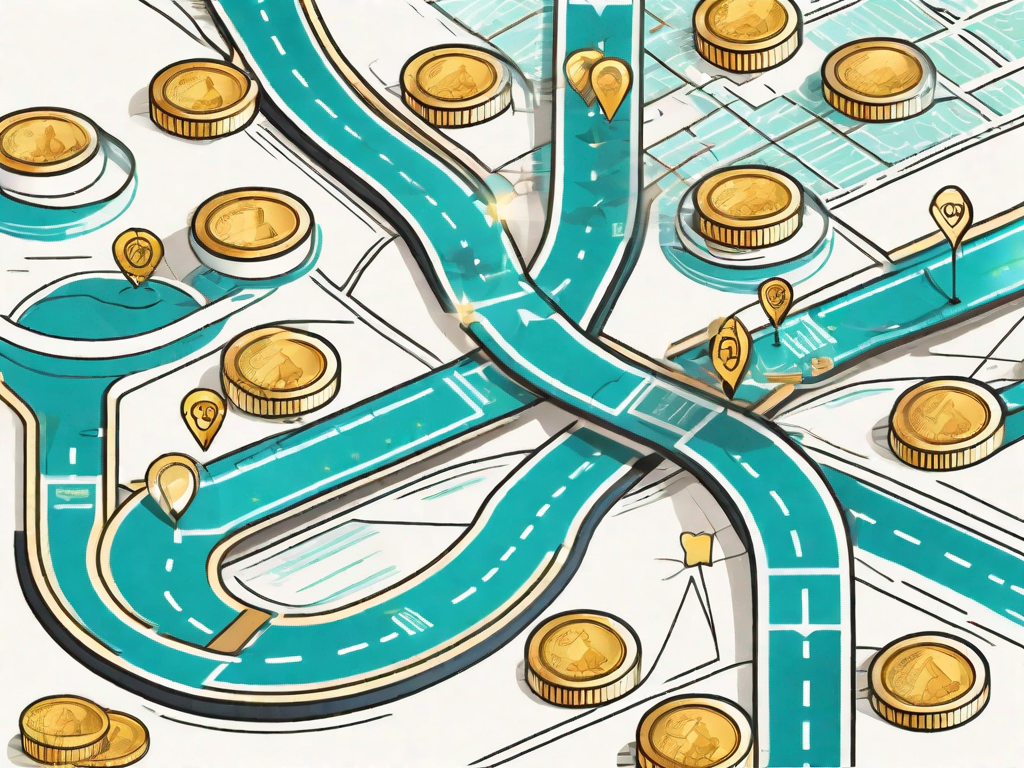 A road map with various checkpoints symbolizing the customer journey