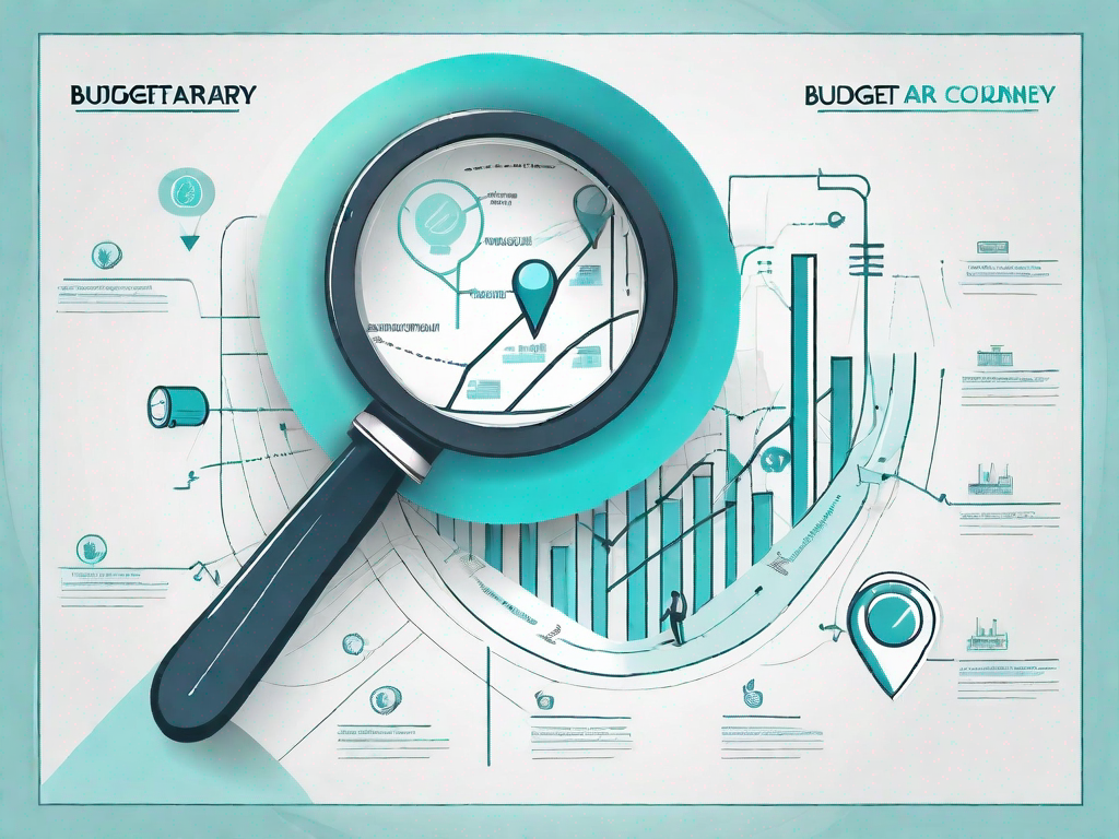 A roadmap with various checkpoints and a magnifying glass focusing on a budget icon