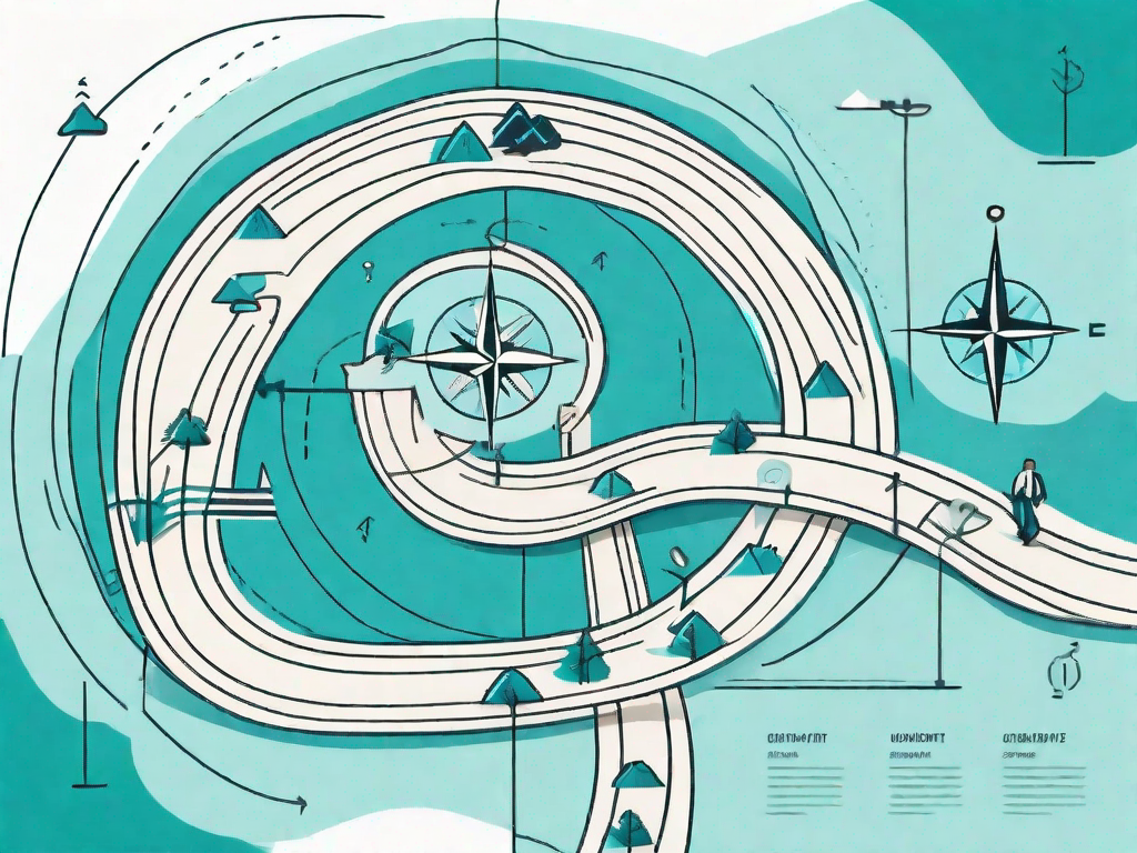 A winding path representing the customer journey with various checkpoints symbolizing touchpoints