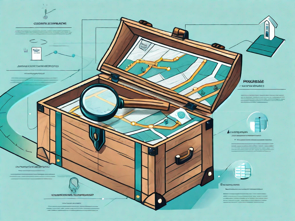 A roadmap with various stages leading to a large treasure chest