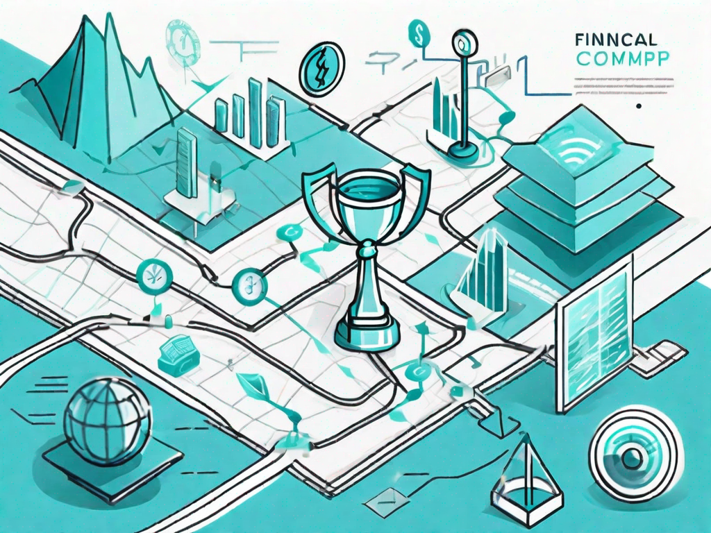 A road map with various financial symbols like currency notes