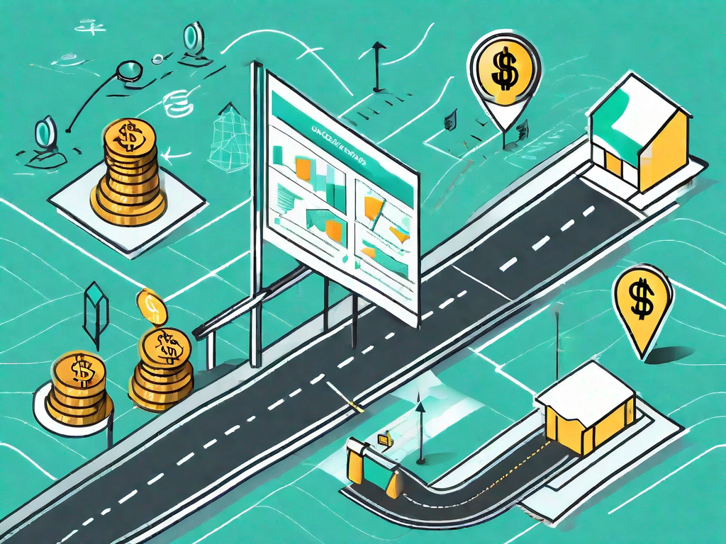 A road map with various financial symbols (like dollar signs and graphs) representing the customer journey