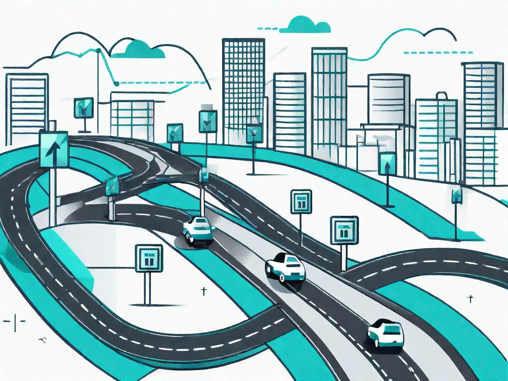 A road map with symbolic checkpoints representing different stages of the customer journey