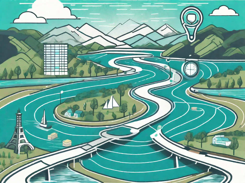 A navigational map with various landmarks symbolizing different stages of the customer journey