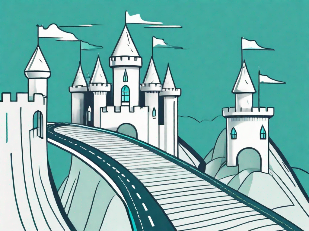 A winding road (representing the customer journey) with various checkpoints (representing different stages of customer interaction) leading towards a castle (representing customer retention)