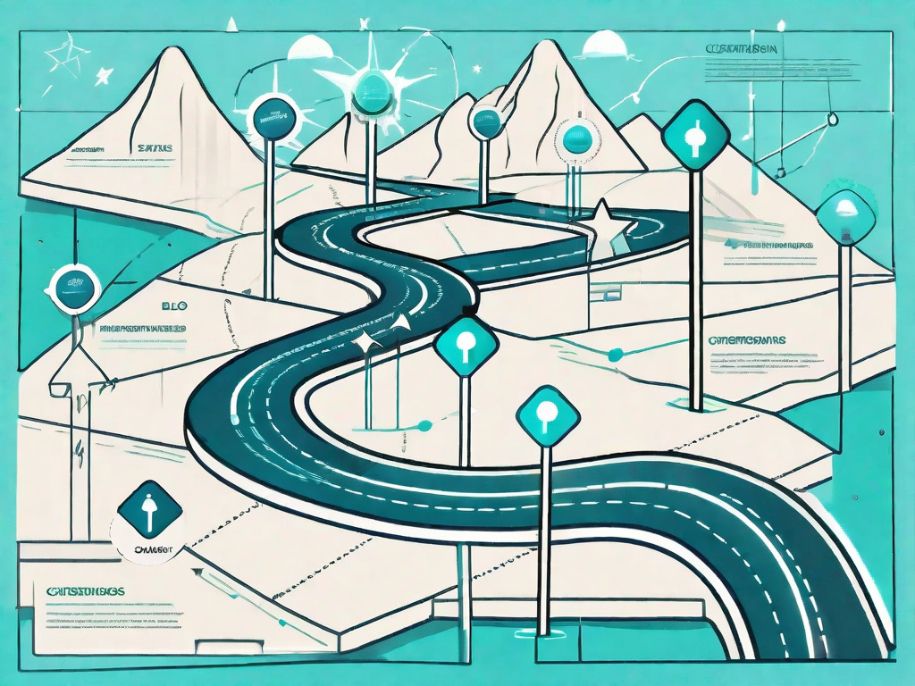 A road map (representing the customer journey) with various stages marked by signposts