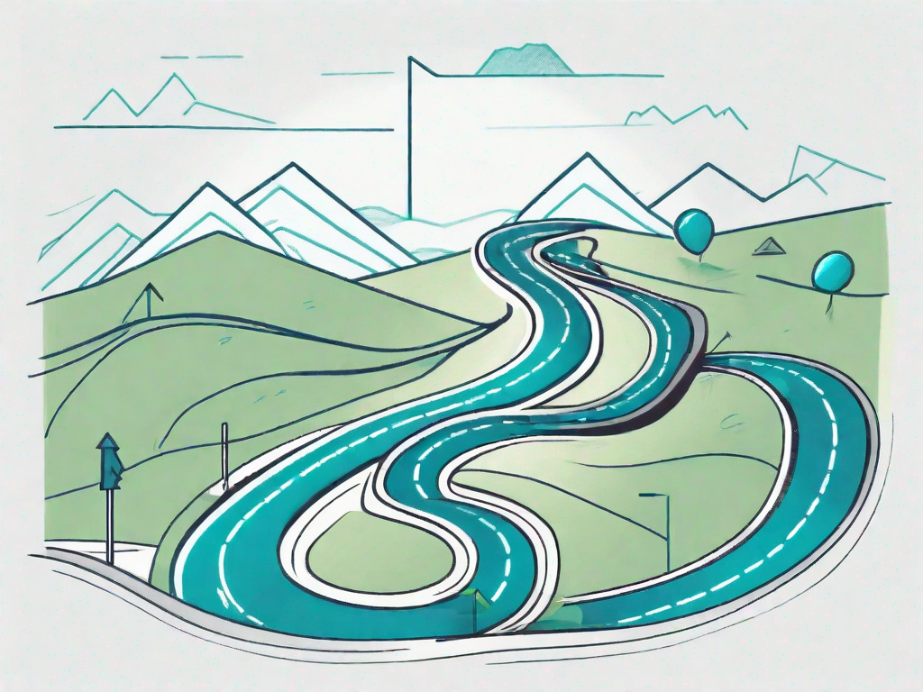 A winding road (representing the customer journey) that passes through various analytical tools and charts (symbolizing dupont analysis) leading towards a destination marked by a flag (indicating the mastery of the journey)