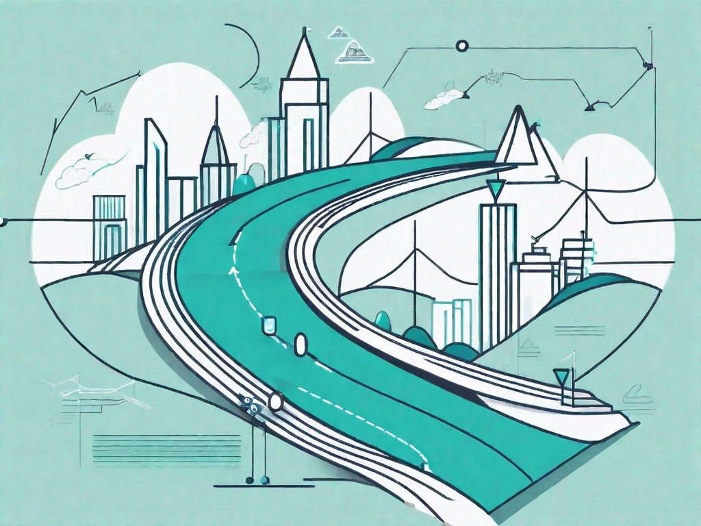 A winding path representing the customer journey with various touchpoints symbolized by different landmarks