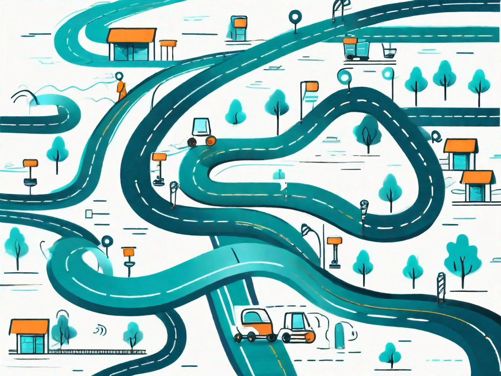 A winding journey path with various shopping and purchase icons along the way