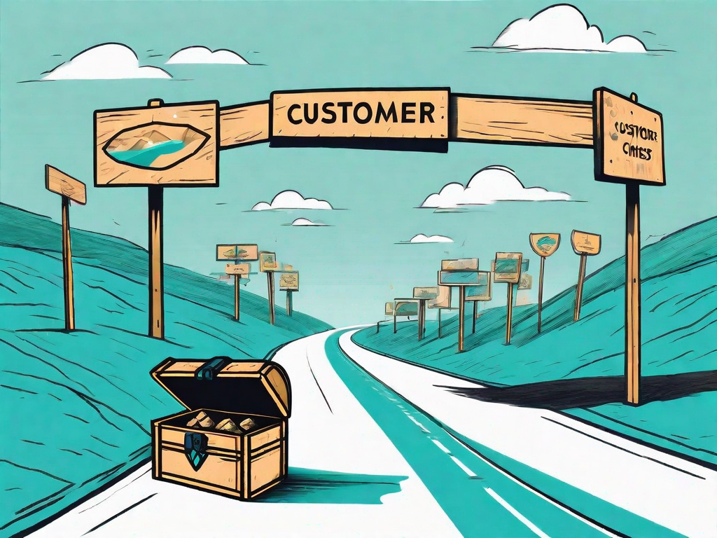 A road stretching horizontally with various signposts representing different stages of customer interaction