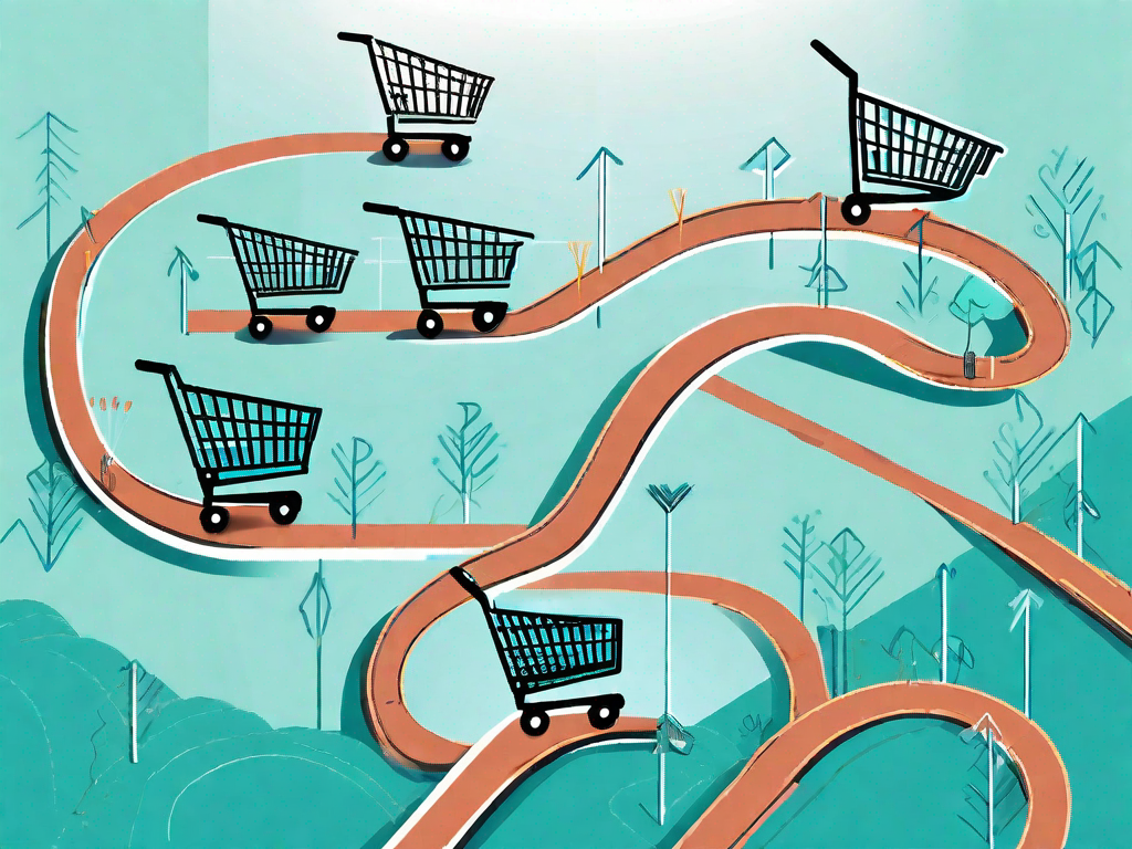 A winding path (representing the customer journey) with various stages marked by shopping carts