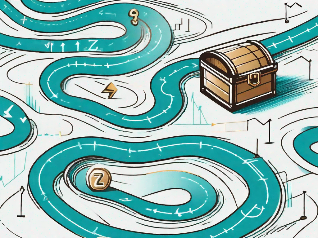 A winding path (representing the customer journey) leading towards a treasure chest (representing the maximized customer lifetime value)