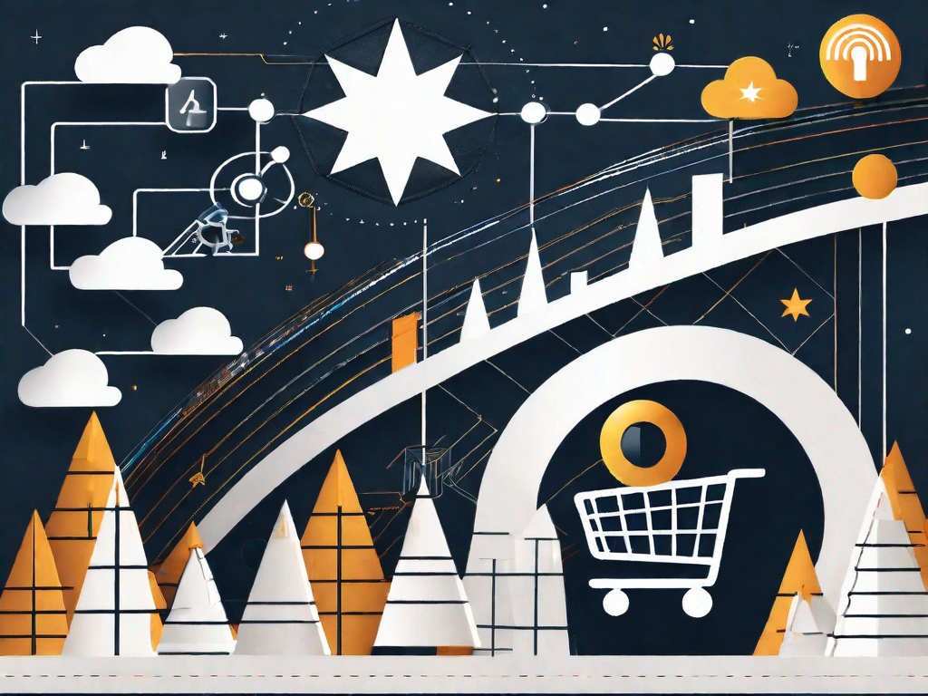 A path winding through a landscape of various business-related icons (like a shopping cart