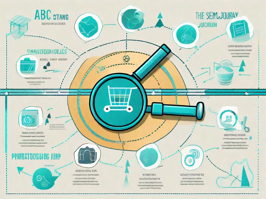 A symbolic journey path with various activity icons representing different stages of the purchase process