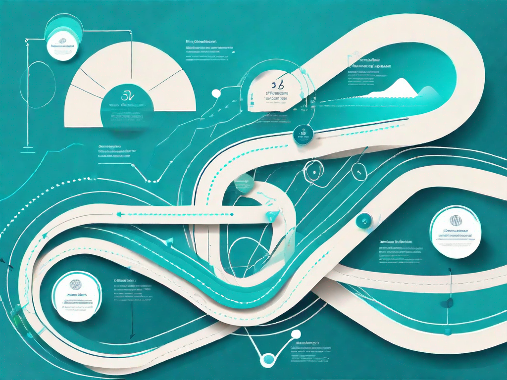 A winding path (representing the customer journey) with various touchpoints marked as statistical charts or graphs